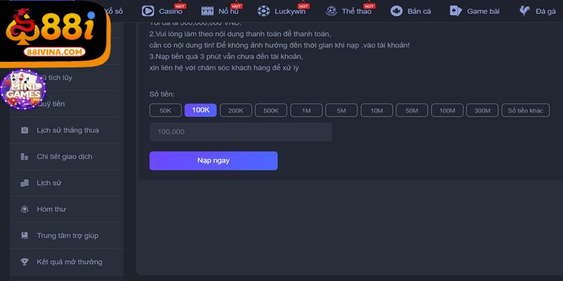 Khi đã vào bên trong tài khoản, bạn tìm đến mục “Nạp tiền” 